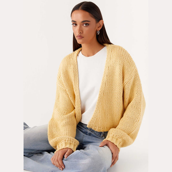 Damen Oversized Grobstrick-Cardigan mit Schalkragen und Rippbündchen Drune