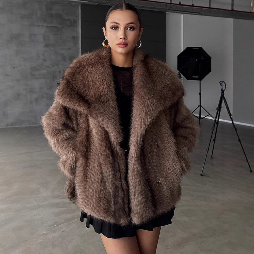 Damen Kunstfell-Jacke mit luxuriösem Schnitt und voluminösen Ärmeln Drune