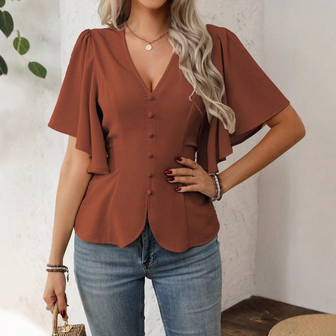 Damen V-Ausschnitt taillierte Bluse mit Schößchen und Volantärmeln Drune