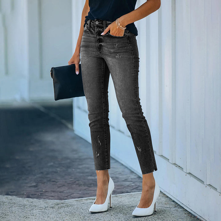 Damen Figurbetonte Hochtaillierte Knöchellange Jeans mit leicht ausgefranstem Saum Drune