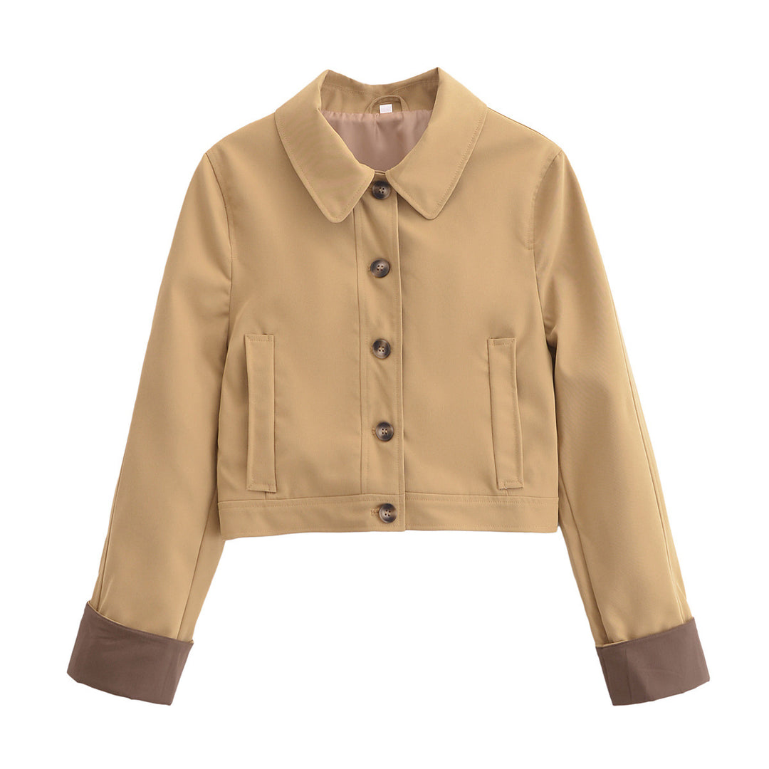 Damen Cropped Utility-Jacke mit Hemdkragen, kontrastierten Umschlagmanschetten und durchgehender Knopfleiste Drune