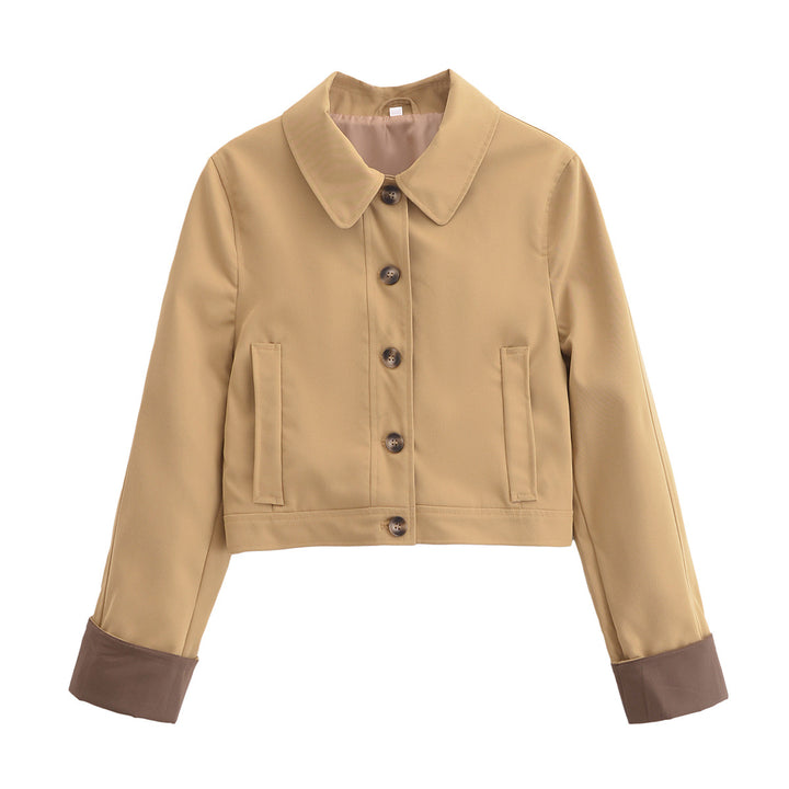 Damen Cropped Utility-Jacke mit Hemdkragen, kontrastierten Umschlagmanschetten und durchgehender Knopfleiste Drune