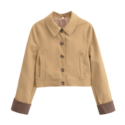 Damen Cropped Utility-Jacke mit Hemdkragen, kontrastierten Umschlagmanschetten und durchgehender Knopfleiste Drune