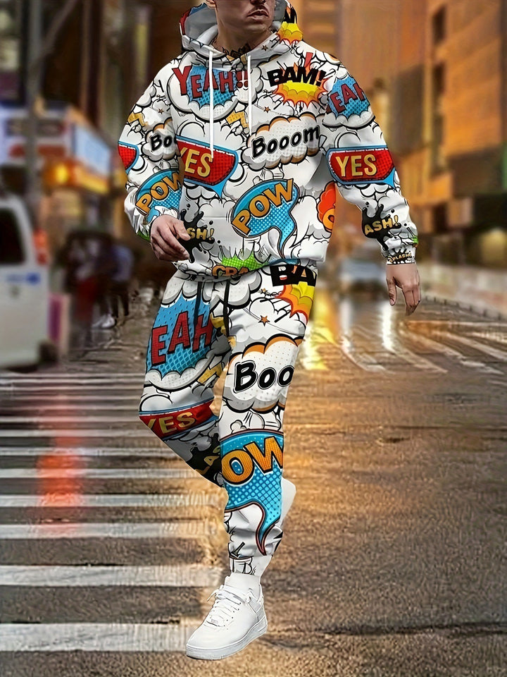 Herren Hoodie und Jogginghose im Comic-Stil mit buntem Druck Drune