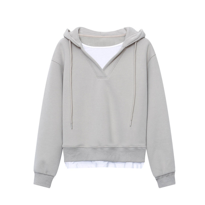 Damen lässiger Kapuzenpullover mit modernem V-Ausschnitt und zeitlosen Details Drune