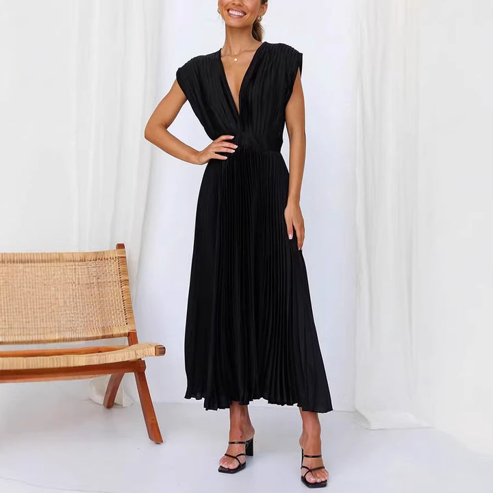 Damen Plissiertes Midikleid mit tiefem V-Ausschnitt und Taillengürtel Drune