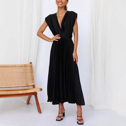 Damen Plissiertes Midikleid mit tiefem V-Ausschnitt und Taillengürtel Drune