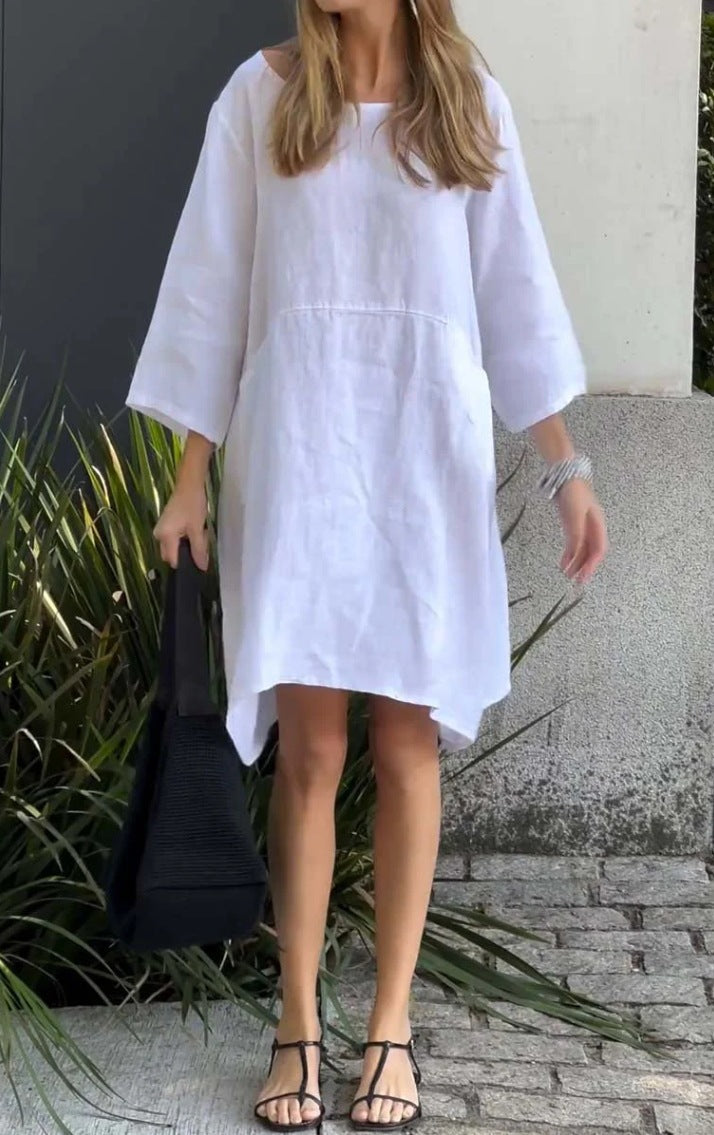 Damen lässiges Leinenkleid mit praktischen Taschen und asymmetrischem Saum Drune