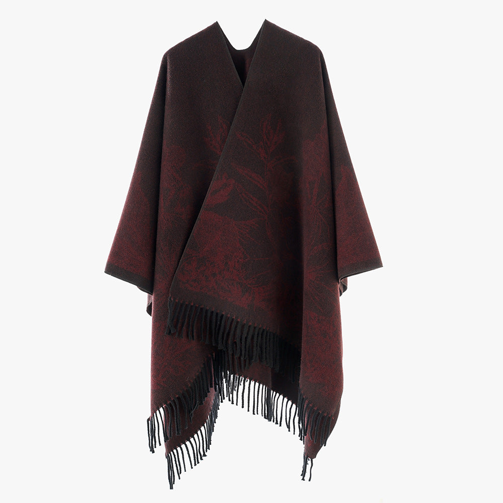 Damen V‑Ausschnitt Cape‑Poncho mit floralem Jacquard und Fransensaum Drune