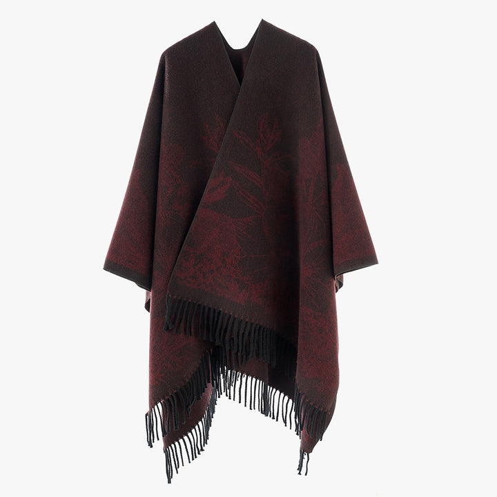 Damen V‑Ausschnitt Cape‑Poncho mit floralem Jacquard und Fransensaum Drune