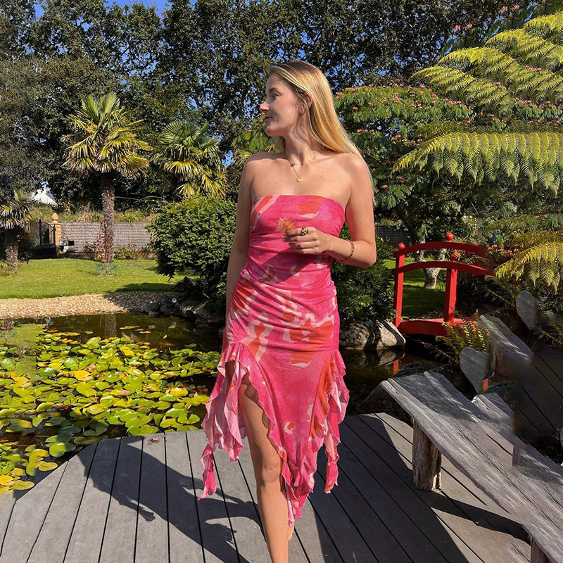 Damen elegantes Rüschenkleid mit trägerlosem Oberteil und asymmetrischem Saum Drune