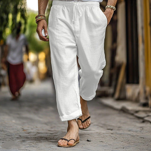Herren lässige Leinen-Joggerhose mit elastischem Tunnelzugbund, seitlichen Eingrifftaschen und aufrollbarem Saum Drune