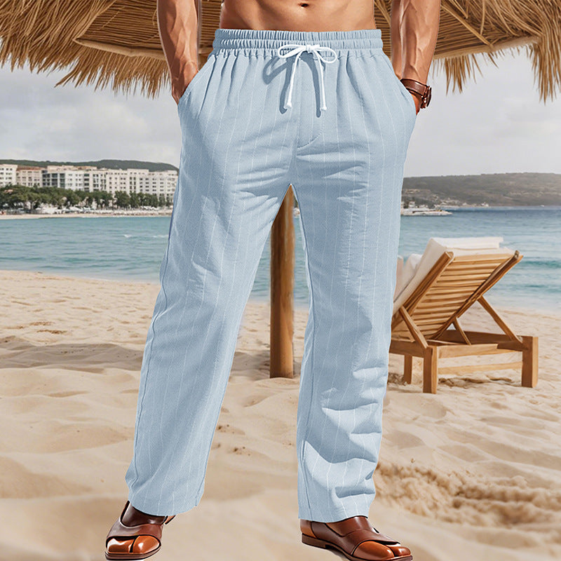 Herren Maritime Leinenoptik-Freizeithose mit Nadelstreifen elastischem Bund und seitlichen Eingrifftaschen Drune