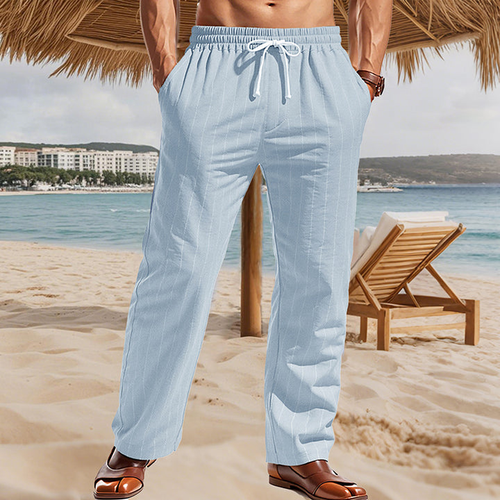 Herren Maritime Leinenoptik-Freizeithose mit Nadelstreifen elastischem Bund und seitlichen Eingrifftaschen Drune