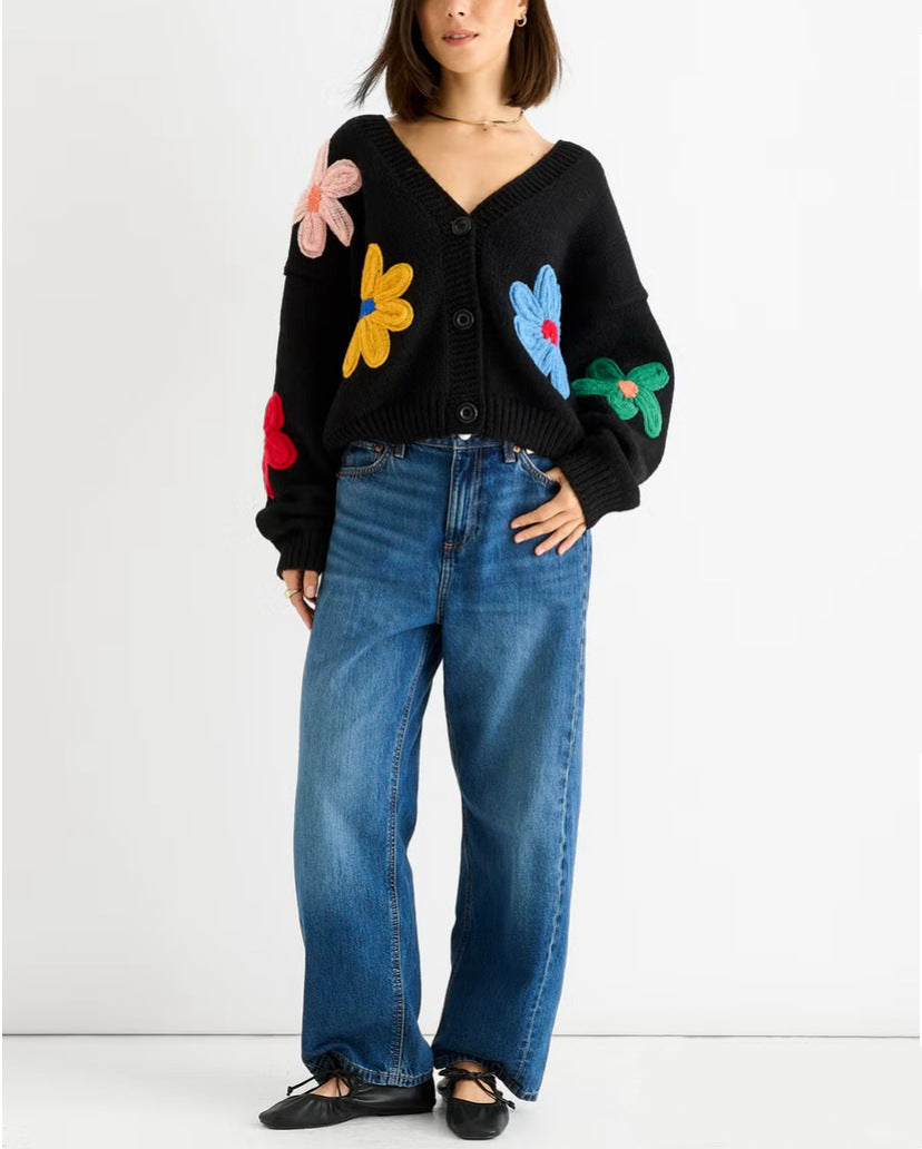 Damen Boxy-Strickpullover mit bunten 3D-Blumenapplikationen Drune