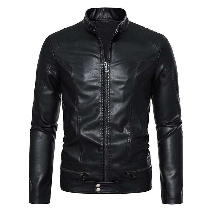 Herren Schmale Biker‑Blouson Kunstlederjacke mit Stehkragen, Ziersteppungen und Reißverschlusstaschen Drune