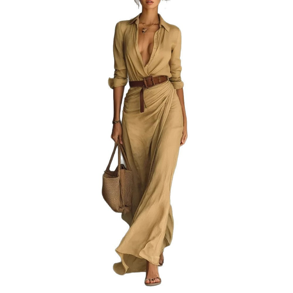 Damen Maxikleid mit klassischem Hemdkragen und seitlichem Schärpenband Drune