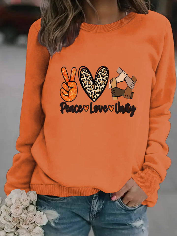 Damen Sweatshirt mit kreativem Peace, Love & Unity Motiv Drune