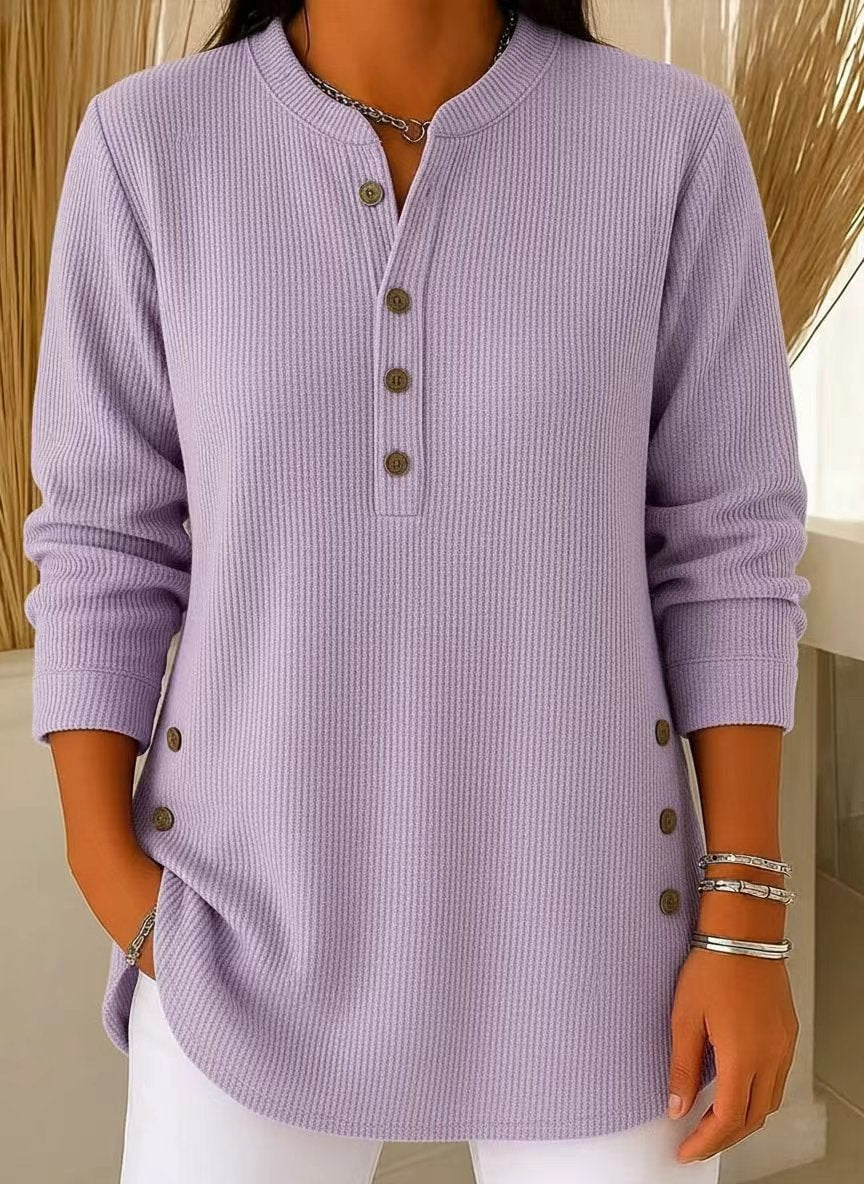 Damen nan plissee Tunika-Bluse mit Stehkragen, Knopfleiste und seitlichen Zierknöpfen Drune