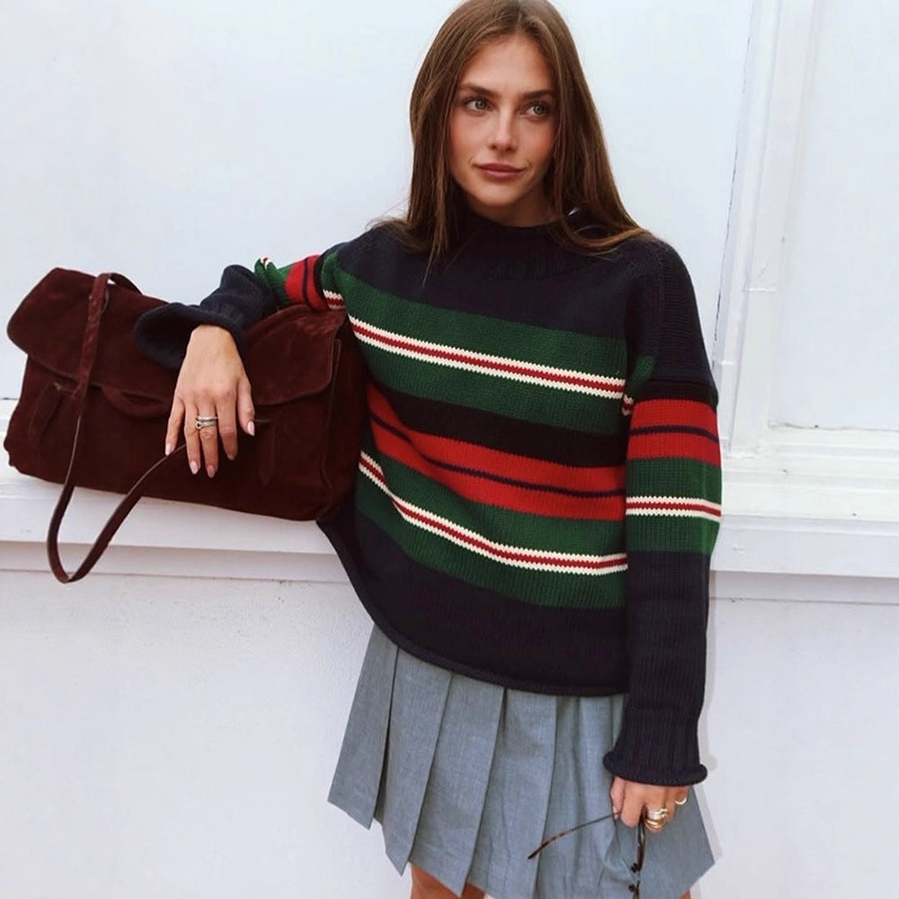 Damen Gestreifter Oversize-Strickpullover mit Raglanärmeln Drune