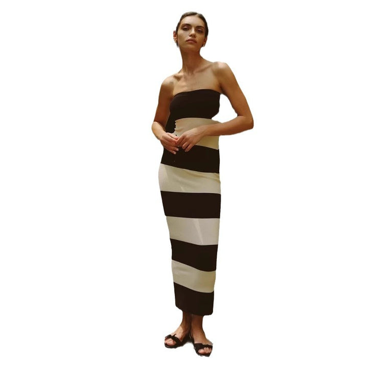 Damen schickes Bandeau-Maxikleid mit grafischem Streifenmuster und figurbetontem Schnitt Drune