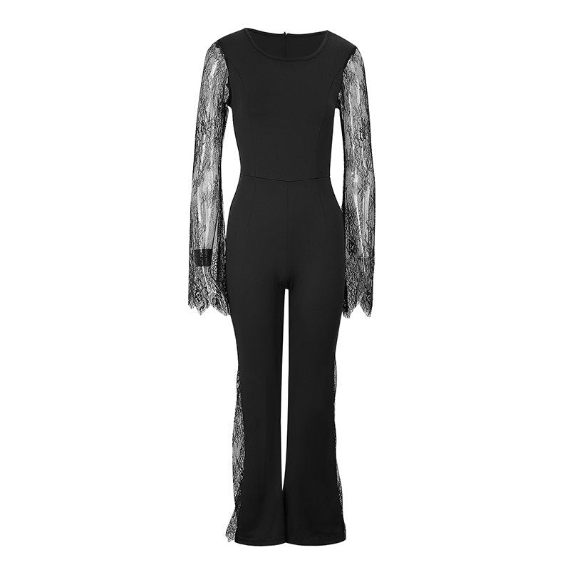 Damen Eleganter Jumpsuit mit schimmernder Spitze und weitem Bein Drune