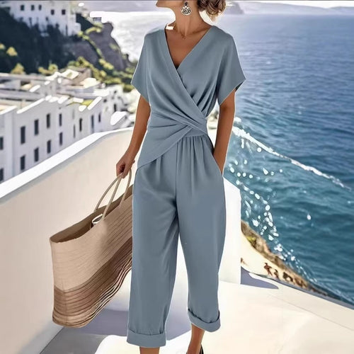 Damen Eleganter Jumpsuit mit Wickeloptik und breiten Beinen Drune