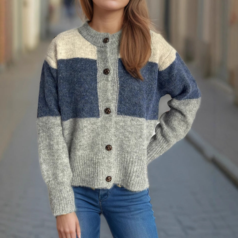 Damen kuschelige Strickjacke mit modischem Farbblockdesign und dekorativen Knöpfen Drune
