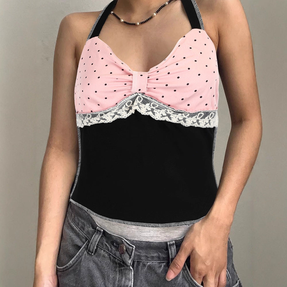 Damen Haltertop mit romantischem Spitzendetail und elegantem Polka-Dot-Muster Drune