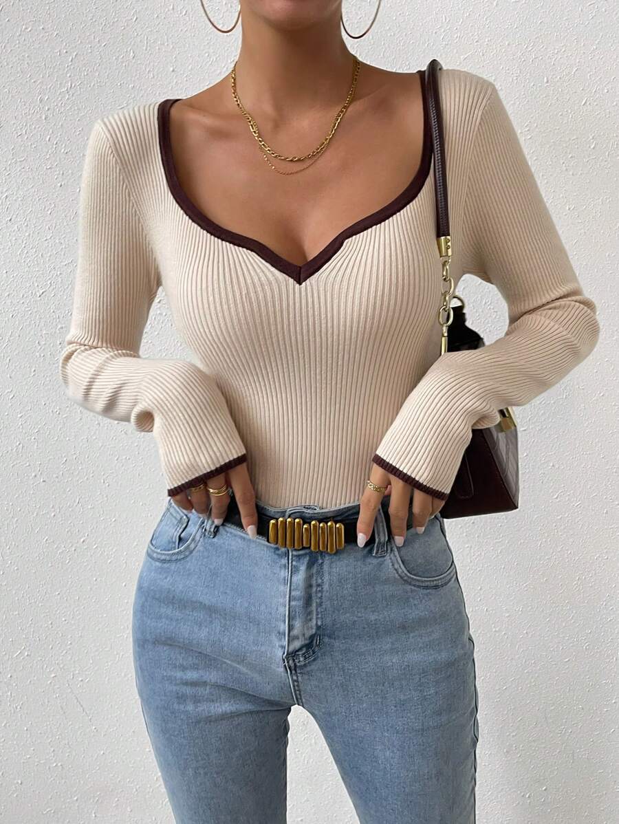 Damen Langarm-Shirt im Rippdesign mit V-Ausschnitt Drune