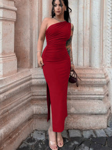Damen elegantes langärmliges Maxikleid mit asymmetrischem Ausschnitt und Rüschendetails Drune