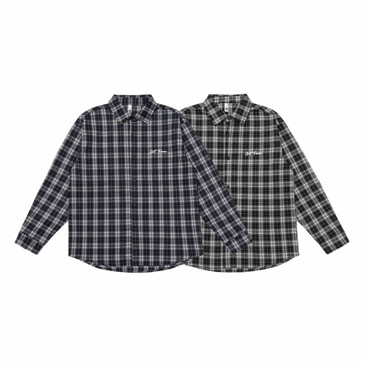 Unisex Kastenförmige Flanell-Hemdjacke mit gerundetem Saum und gesticktem Brustlogo Drune