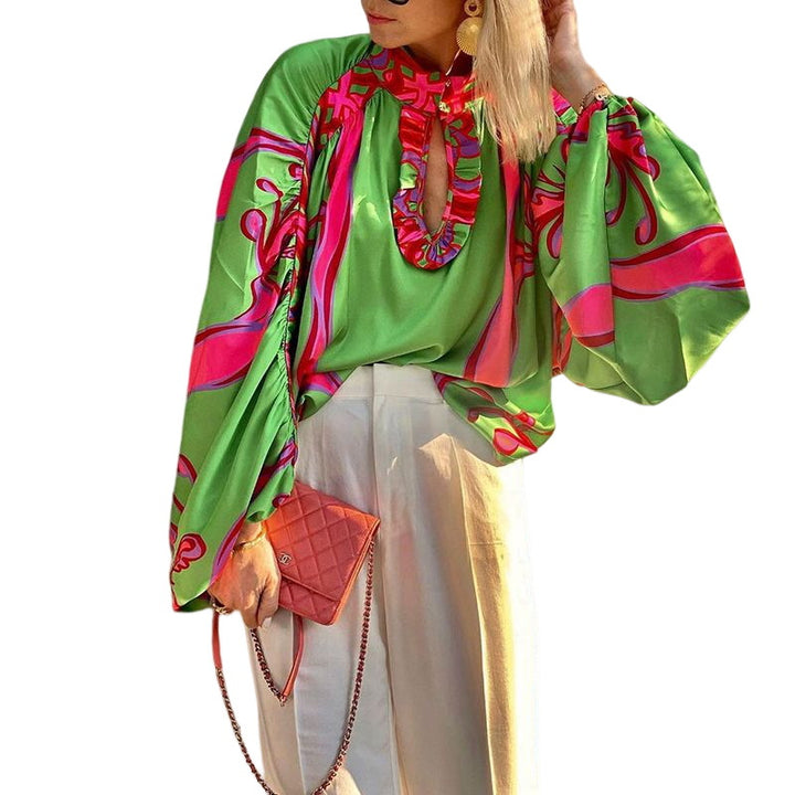 Damen Stylische Bluse mit voluminösen Ärmeln und farbenfrohem Muster Drune