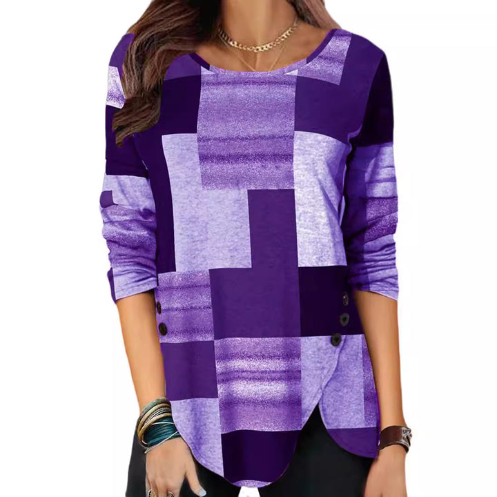 Damen gemustertes Langarm-Tunika-Shirt mit asymmetrischem Saum und dekorativer Knopfleiste Drune