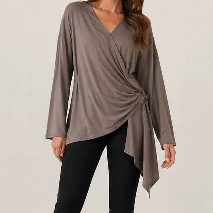 Damen Wickelshirt mit seitlicher Knotenpartie, V‑Ausschnitt und asymmetrischem Saum Drune