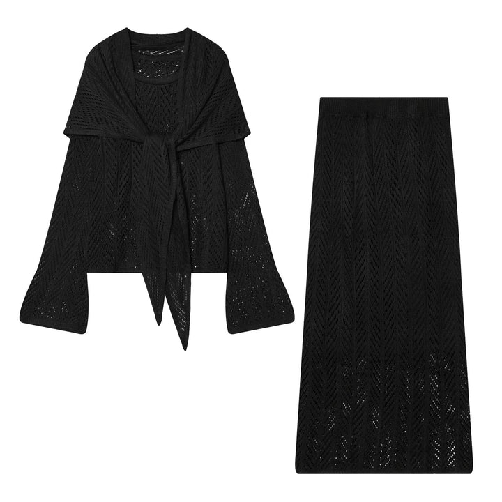 Damen Ajourstrick-Set mit offener Cardigan und Midirock Drune