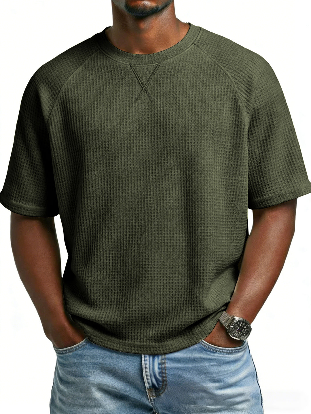 Herren lässiges Waffelstrick-T-Shirt mit Rundhalsausschnitt Drune