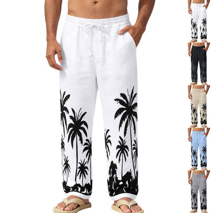 Herren Leinenoptik-Strandhose mit Palmenprint Relaxed-Fit und Kordelzug Drune