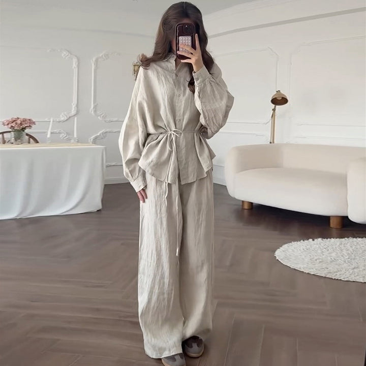 Damen lässiges Leinen-Loungewear-Set mit taillierter Bluse und weiten Hosen Drune