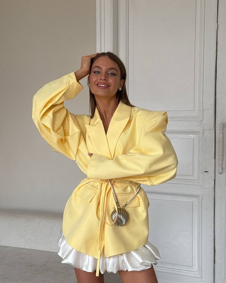 Damen Oversized Blazerjacke mit Taillengürtel und Ballonärmeln Drune