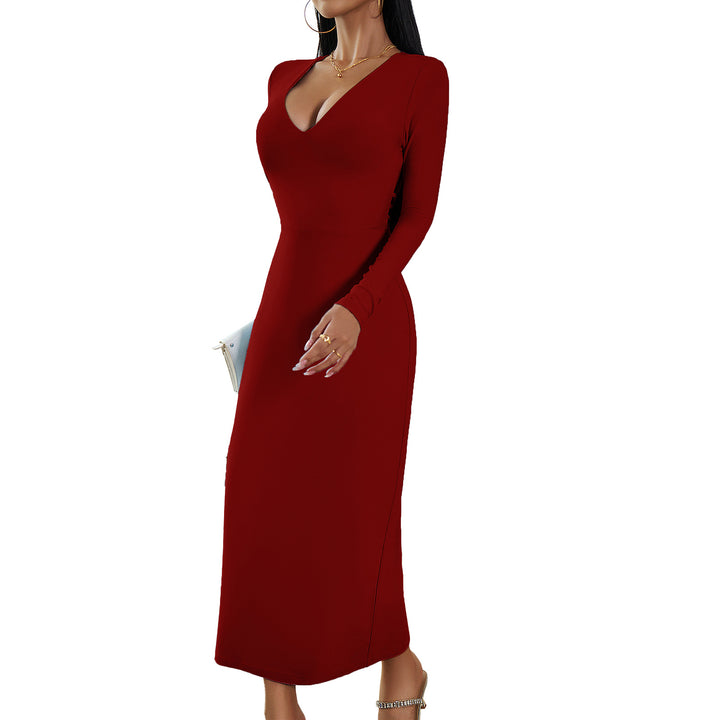Damen nan elegant geschnittenes Bodycon-Midikleid mit tiefem V‑Ausschnitt und taillenbildender Naht Drune