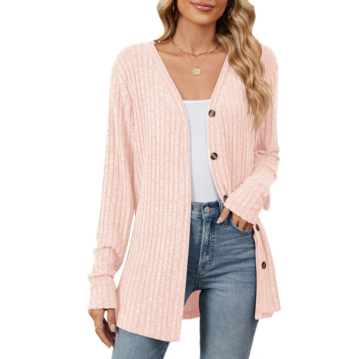 Damen lässige Strickjacke mit feiner Rippstruktur und praktischen Knöpfen Drune