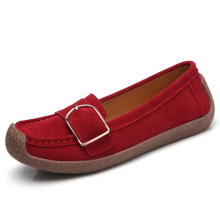 Damen nan Mokassin-Slipper aus Veloursleder mit dekorativer Metallschnalle, gepolstertem Fußbett und rutschfester Gummilaufsohle Drune