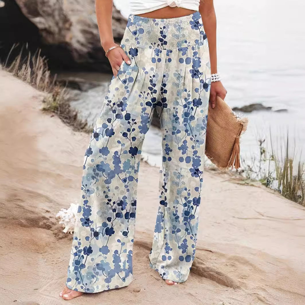 Damen Palazzo-Hosen mit floralem Druck und elastischem Bauchbund Drune