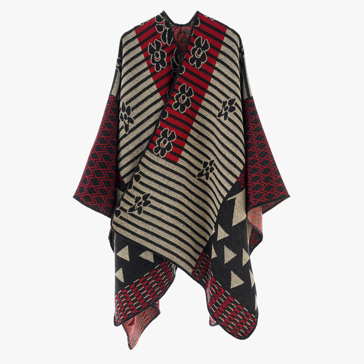 Damen Vielseitiger Strickponcho im Patchwork-Jacquard mit V-Ausschnitt und asymmetrischem Zipfelsaum Drune