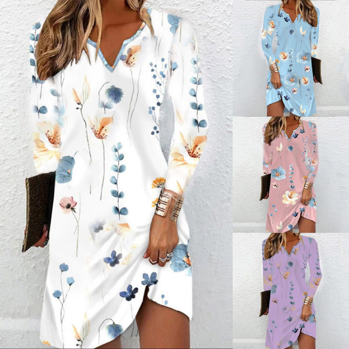Damen Florales V-Ausschnitt Midikleid mit asymmetrischem Saum und Langarm Drune