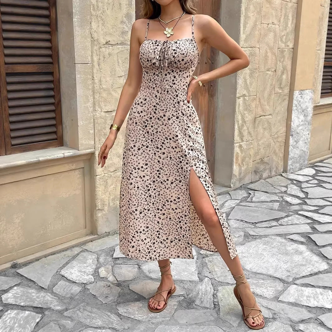 Damen sommerliches Maxikleid mit verstellbaren Spaghettiträgern und seitlichem Schlitz Drune