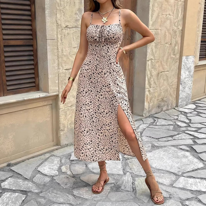 Damen sommerliches Maxikleid mit verstellbaren Spaghettiträgern und seitlichem Schlitz Drune