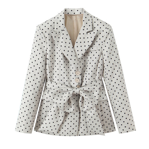 Damen Taillierter gepunkteter Blazer mit Bindegürtel und Reverskragen Drune