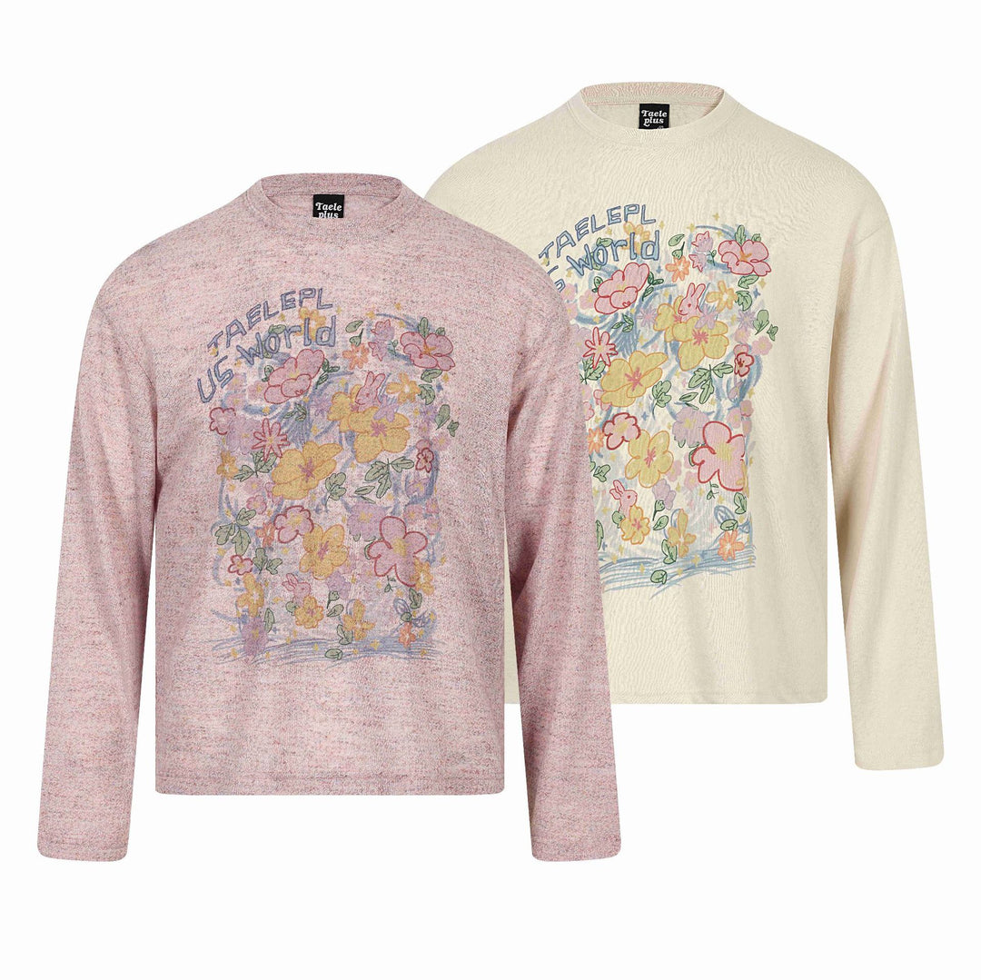 Unisex Relaxed‑Fit Langarmshirt mit floraler Illustrationsgrafik und geripptem Rundhals Drune